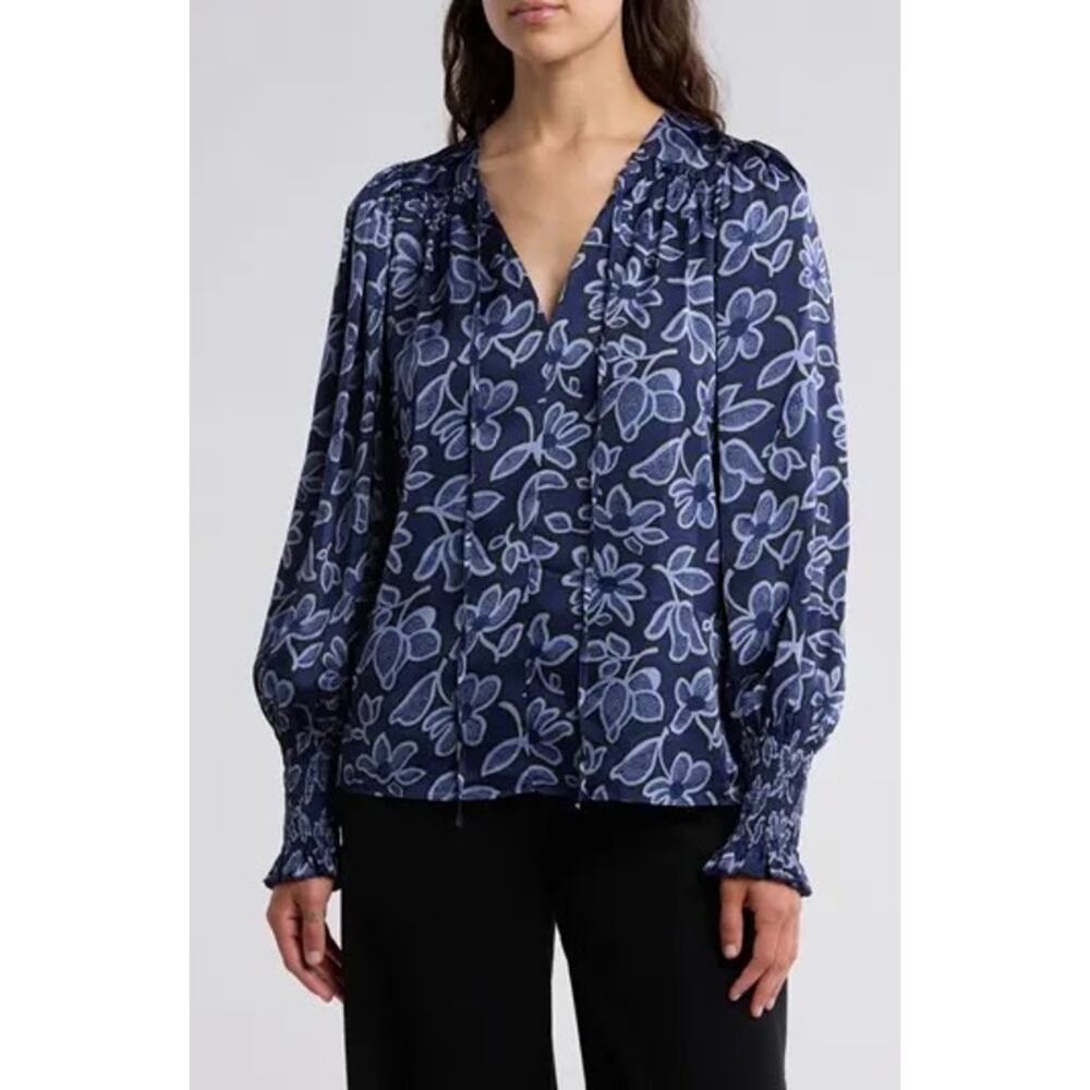 Rebecca Taylor Blue V-Neck Dressy Office Vera Fleur Tie Front Blouse Size XS